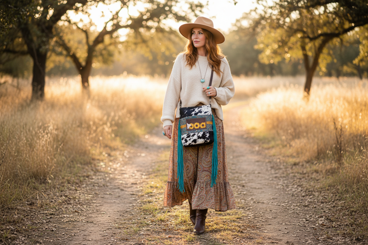 Woman wearing Cyber Line Hand-Tooled Bag