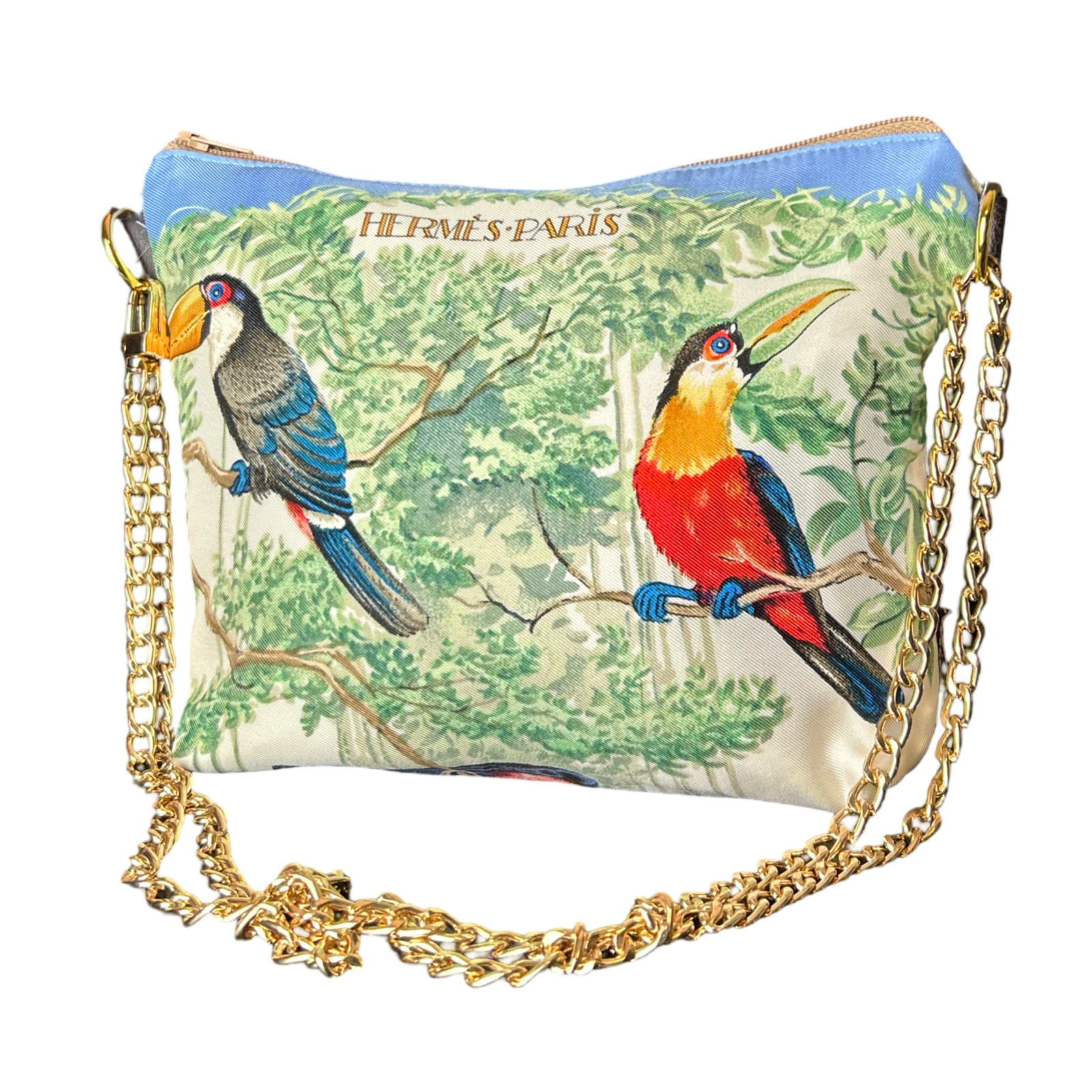 Equateur Vintage Scarf Crossbody Bag featuring vibrant bird designs on vintage Hermès scarf fabric.