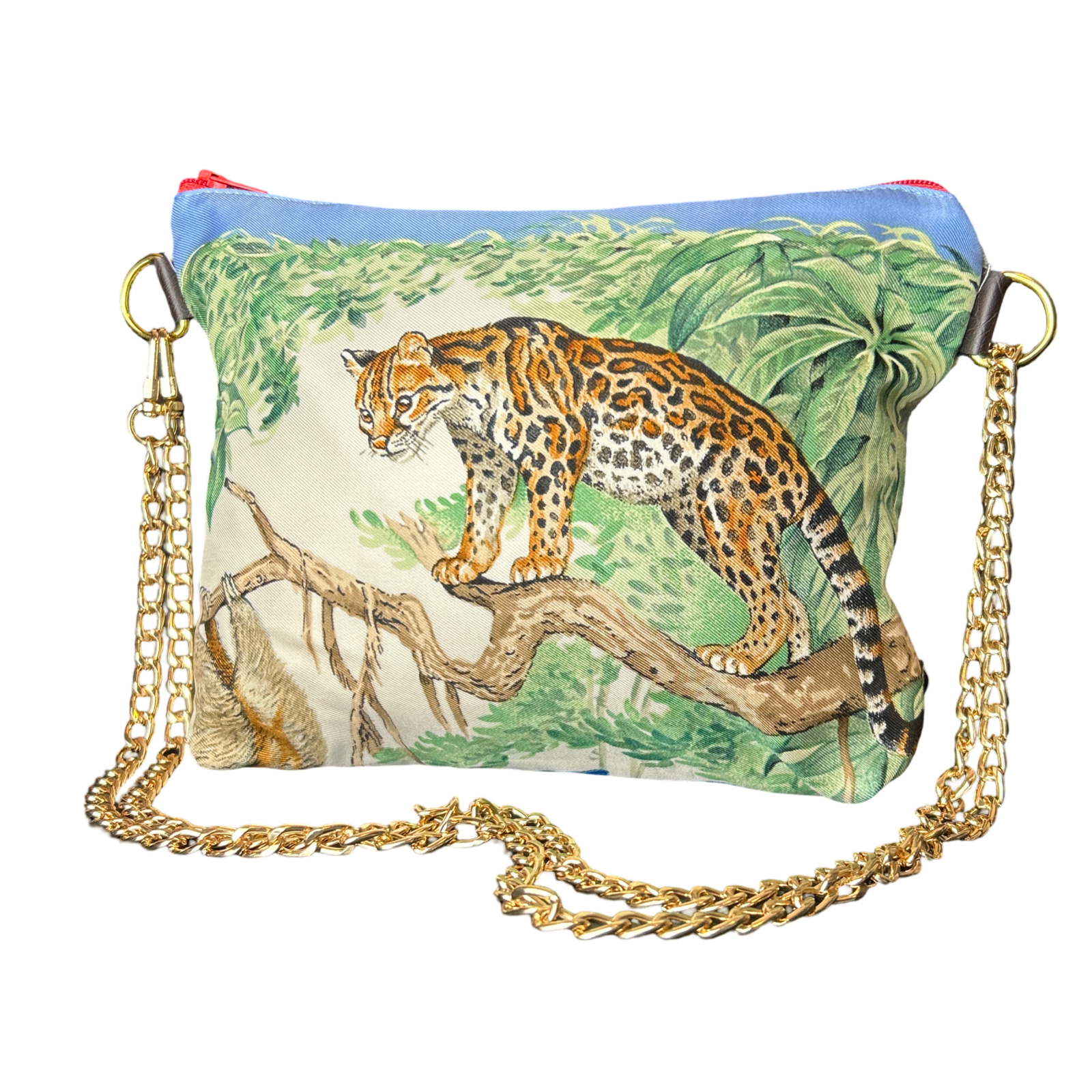 Equateur Vintage Scarf Crossbody Bag featuring leopard design and gold chain strap
