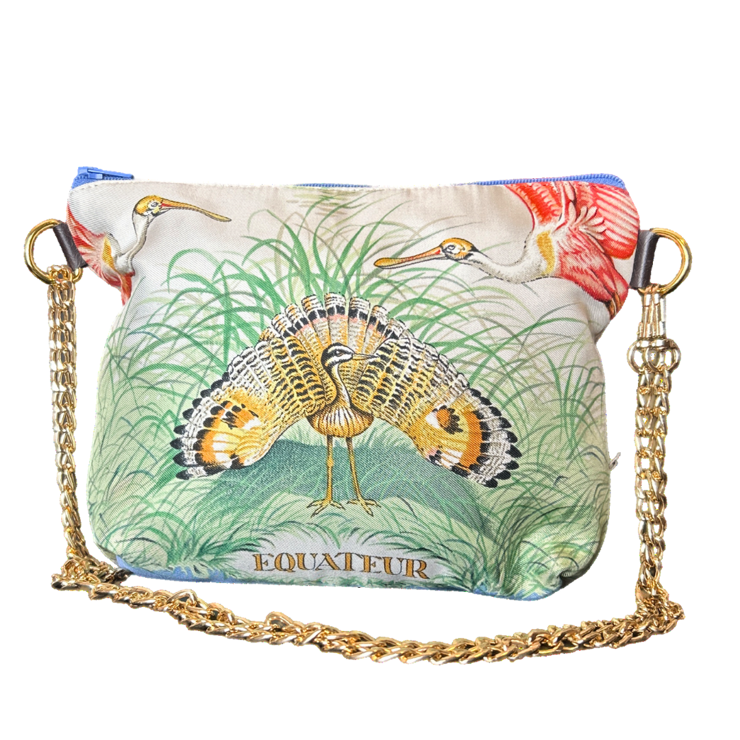 Equateur Vintage Scarf Crossbody Bag featuring a vibrant peacock design and a stylish gold chain strap.