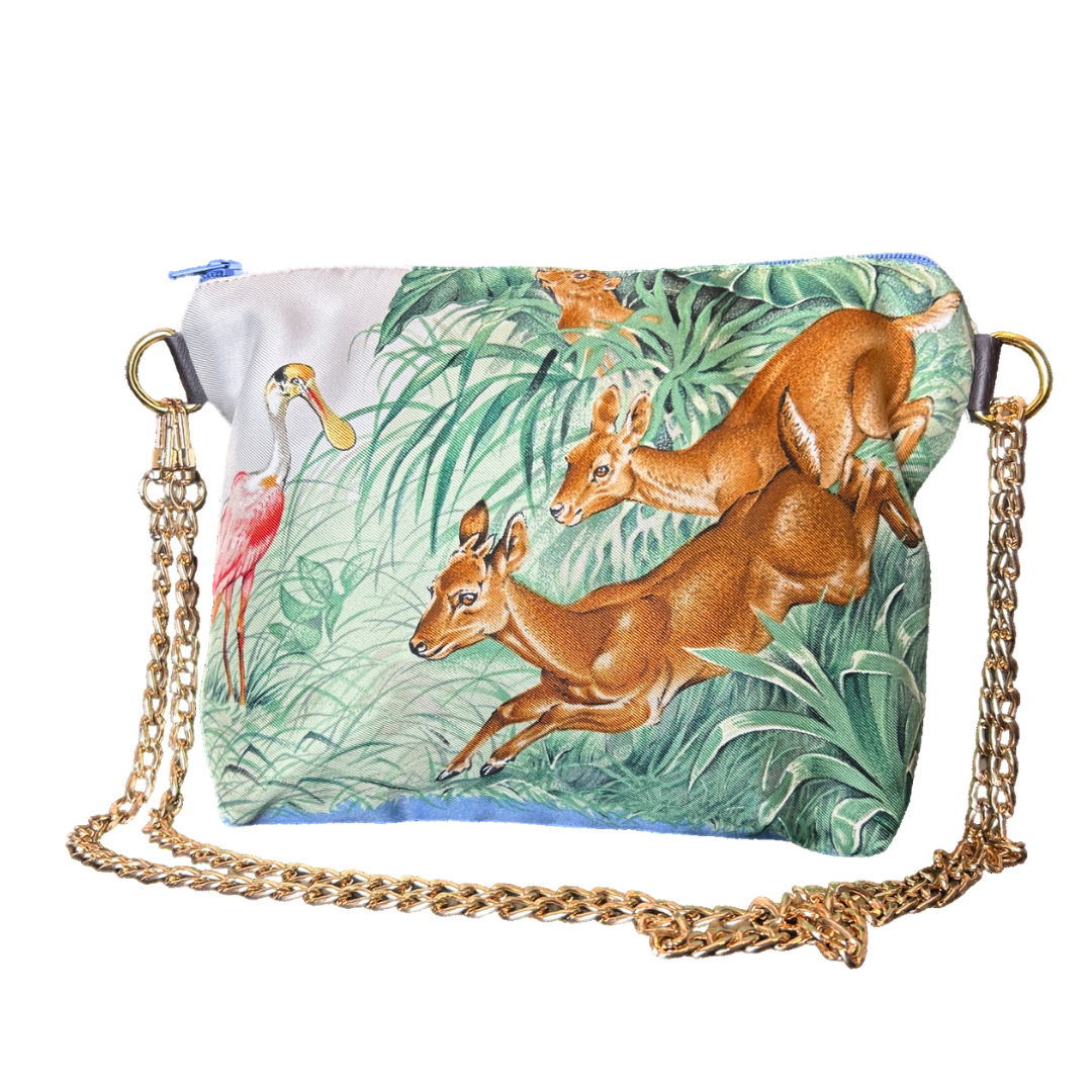 Equateur Vintage Scarf Crossbody Bag featuring wildlife design with deer and tropical elements.
